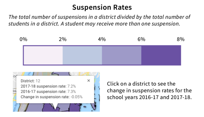 Legend provided for the data map below to help interpret the disproportionate amount of suspensions that are given to students living in predominantly black and Hispanic neighborhoods within NYC.  