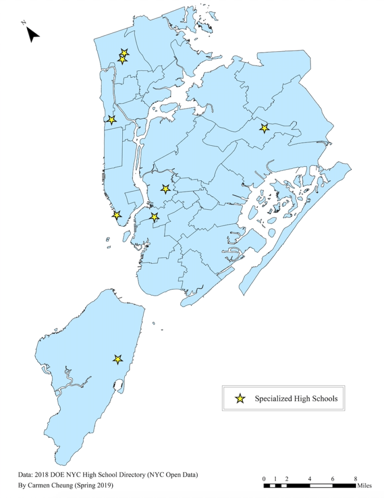Map of the specialized high schools in New York City. There are two in each borough with the exception of Queens and Staten Island, which each have one. Data from NYC Open Data.