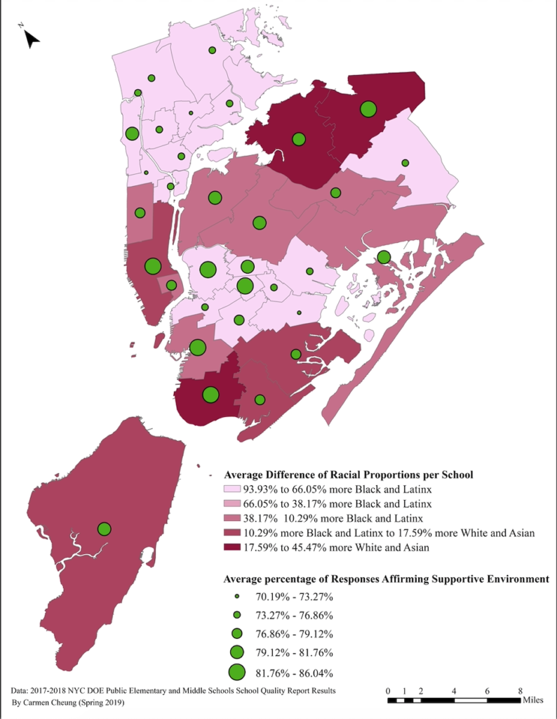 Map comparing racial and ethnic composition of elementary and middle schools and affirmation of supportive environment by district. In districts where there are proportionally Black and Latinx students, the percentage of reponses indicating a supportive environment at school is smaller. Data from the NYC Department of Education.